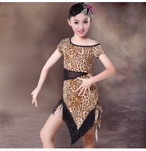 White and black polka dot black and leopard printed short sleeves round neck fringes irregular hem girls kids children stage performance competition professional latin salsa ballroom dance dresses outfits